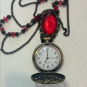 Vintage Victorian Red and Black Necklace with Pocket Watch Pendant